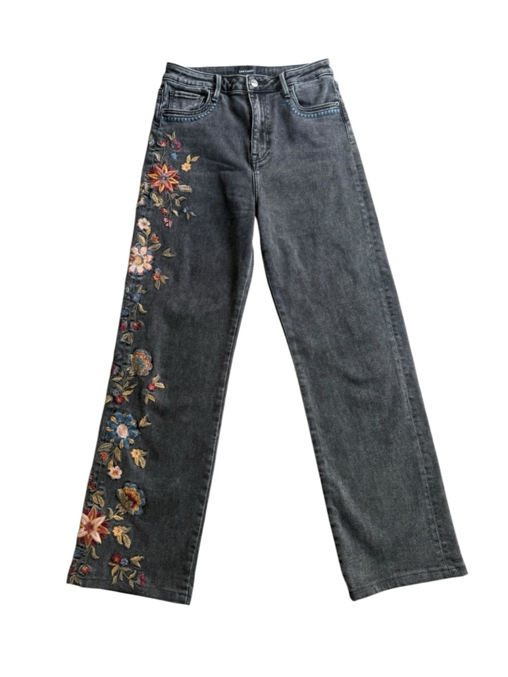 DRIFTWOOD Chloe Wide Leg Jeans Floral Embroidery Zen Garden Size 26x32 High Rise